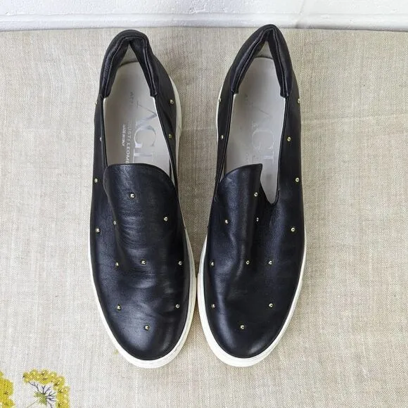 AGL ATTILIO GIUSTI LEOMBRUNI Black Leather Studded Slip On Sneakers Size 40.5