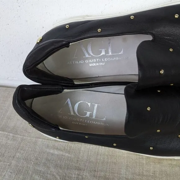 AGL ATTILIO GIUSTI LEOMBRUNI Black Leather Studded Slip On Sneakers Size 40.5