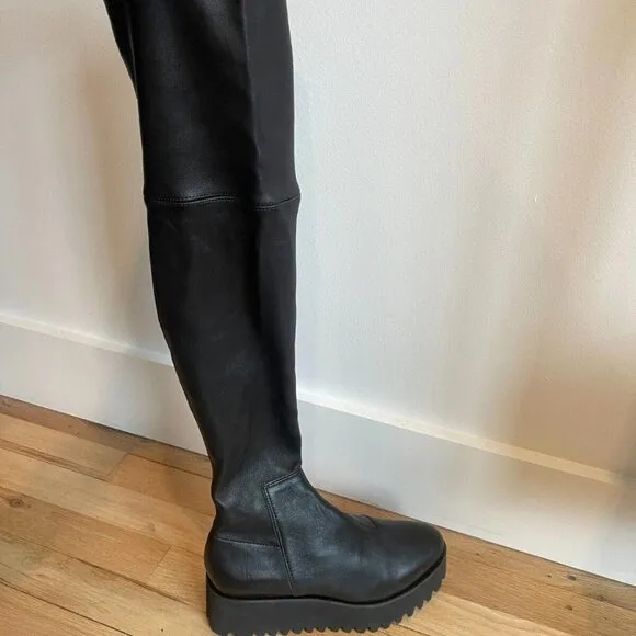 ALL BLACK  Skinny Back Leather Lugged Wedge Over The Knee Boots   Size 6
