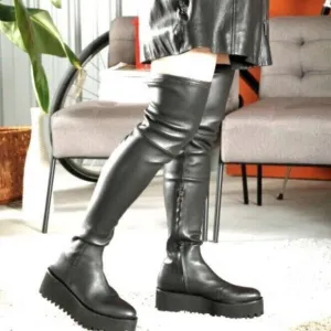 ALL BLACK  Skinny Back Leather Lugged Wedge Over The Knee Boots   Size 6