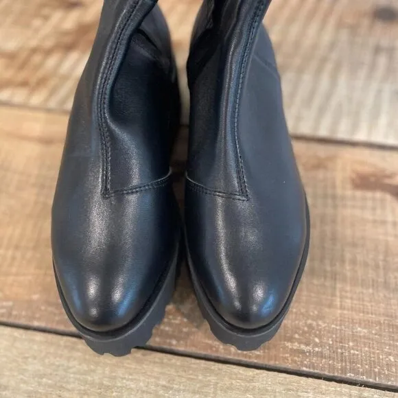 ALL BLACK  Skinny Back Leather Lugged Wedge Over The Knee Boots   Size 6