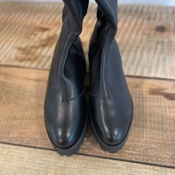 ALL BLACK  Skinny Back Leather Lugged Wedge Over The Knee Boots   Size 6