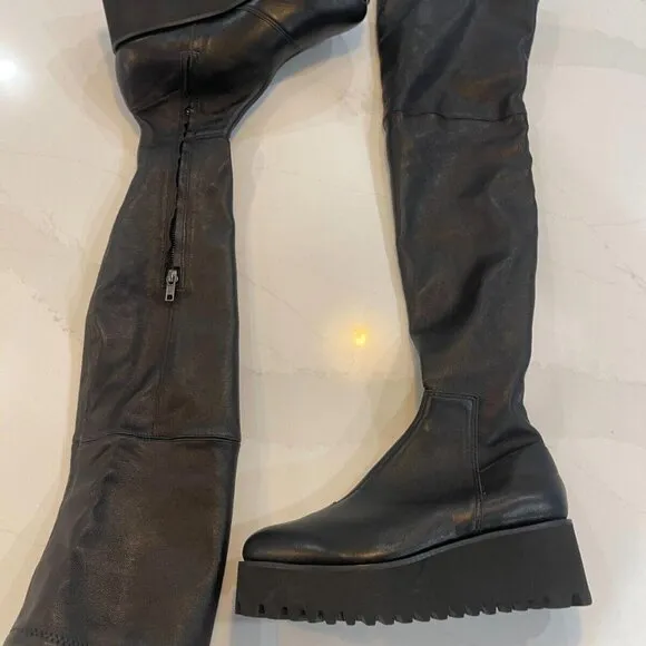 ALL BLACK  Skinny Back Leather Lugged Wedge Over The Knee Boots   Size 6