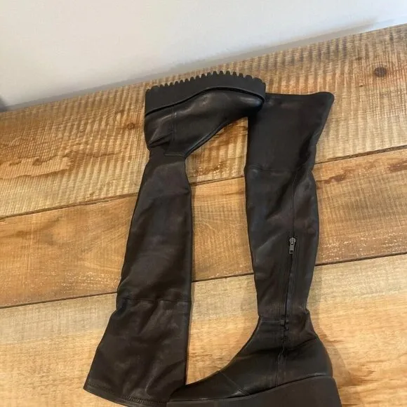 ALL BLACK  Skinny Back Leather Lugged Wedge Over The Knee Boots   Size 6