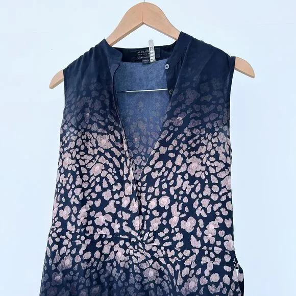 AllSaints Leopard Silk Mini Dress Black Ruffle Tiered Tank Style 2 Short