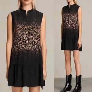 AllSaints Leopard Silk Mini Dress Black Ruffle Tiered Tank Style 2 Short