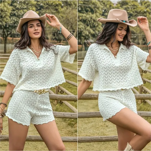 Allure Eyelet Shorts Set - Ivory
