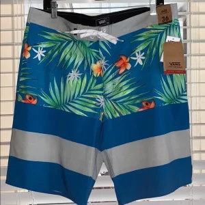 &gt;💙ERA BOARD SHORT PALM GREEN LEAVES SWIM SHORTS POOL BEACH 🏖 BRAND NEW VANS