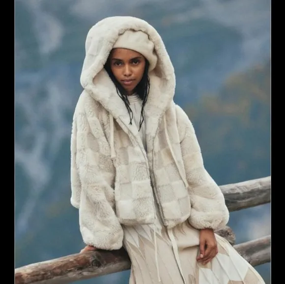 Anthropologie Cropped Faux Fur Hoodie Jacket