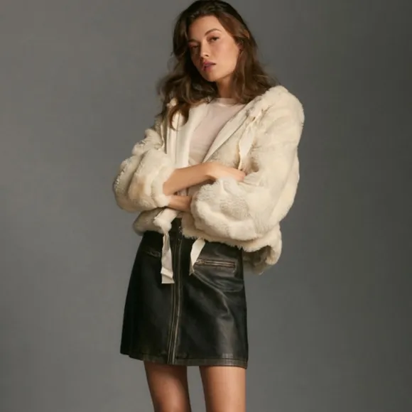 Anthropologie Cropped Faux Fur Hoodie Jacket