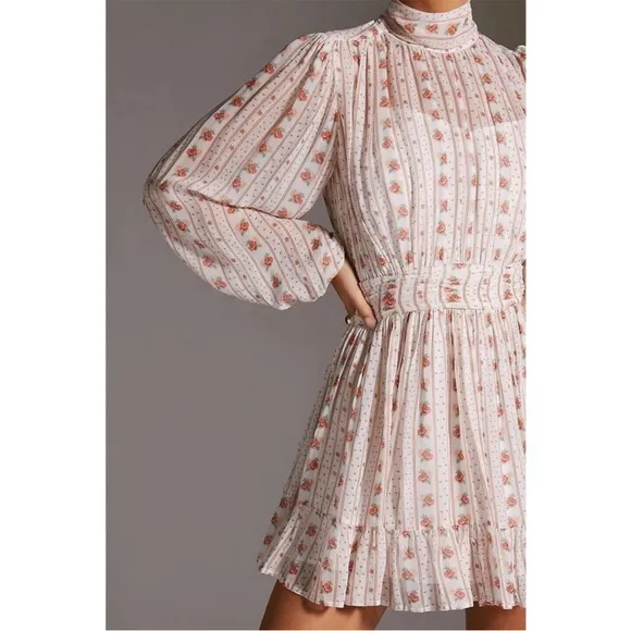 Anthropologie Lef Me Be Mock Neck Sheer Mini Dress S Cottage Floral Rose