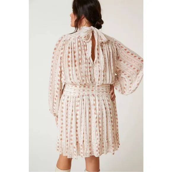 Anthropologie Lef Me Be Mock Neck Sheer Mini Dress S Cottage Floral Rose