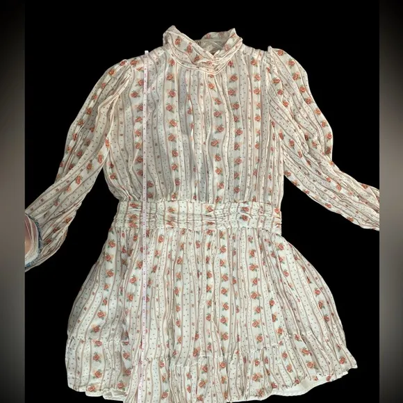 Anthropologie Lef Me Be Mock Neck Sheer Mini Dress S Cottage Floral Rose