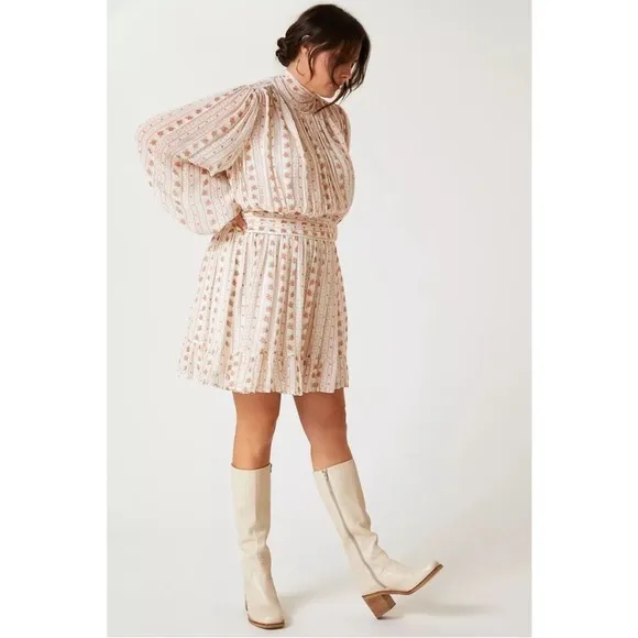 Anthropologie Lef Me Be Mock Neck Sheer Mini Dress S Cottage Floral Rose