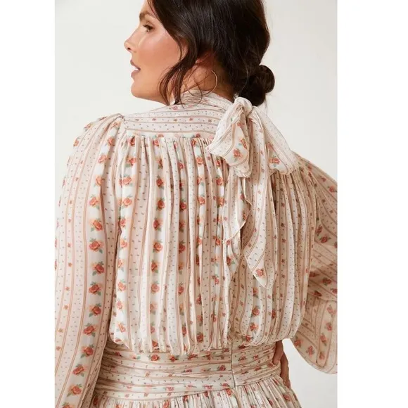Anthropologie Lef Me Be Mock Neck Sheer Mini Dress S Cottage Floral Rose