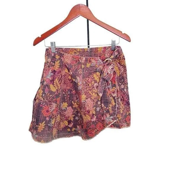 Anthropologie Vintage-Style Floral Mini Skirt Wrap Design Autumn Earth Tones