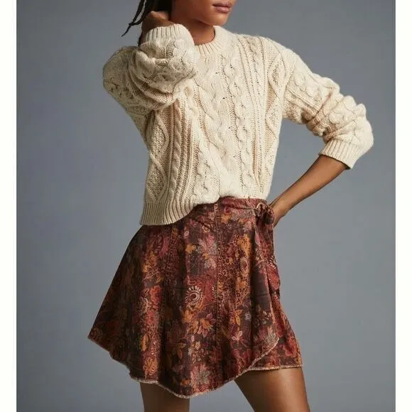 Anthropologie Vintage-Style Floral Mini Skirt Wrap Design Autumn Earth Tones