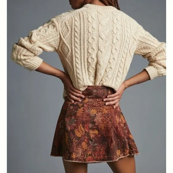 Anthropologie Vintage-Style Floral Mini Skirt Wrap Design Autumn Earth Tones