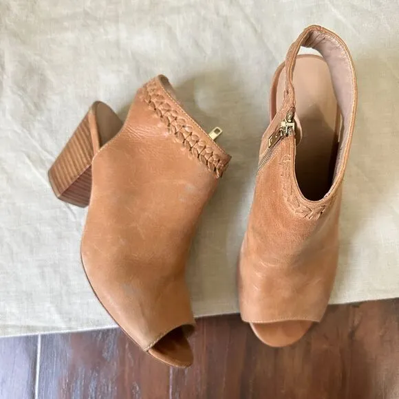 ANTHROPOLOGIE Woven Detail Shooties Peep Toe Booties Tan Leather