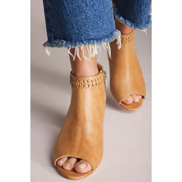 ANTHROPOLOGIE Woven Detail Shooties Peep Toe Booties Tan Leather