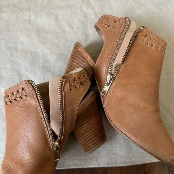ANTHROPOLOGIE Woven Detail Shooties Peep Toe Booties Tan Leather