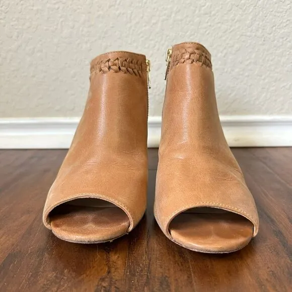 ANTHROPOLOGIE Woven Detail Shooties Peep Toe Booties Tan Leather