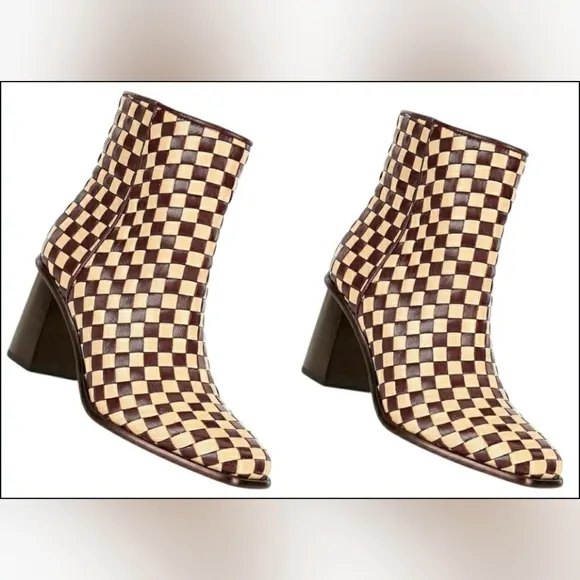 Antonio Melani 6.5 Chic Designer Leather Checkered Braided Woven Block Heel