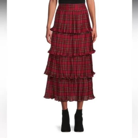ANTONIO MELANI Katrina Red Plaid Tiered Ruffle Midi Maxi Skirt NWT
