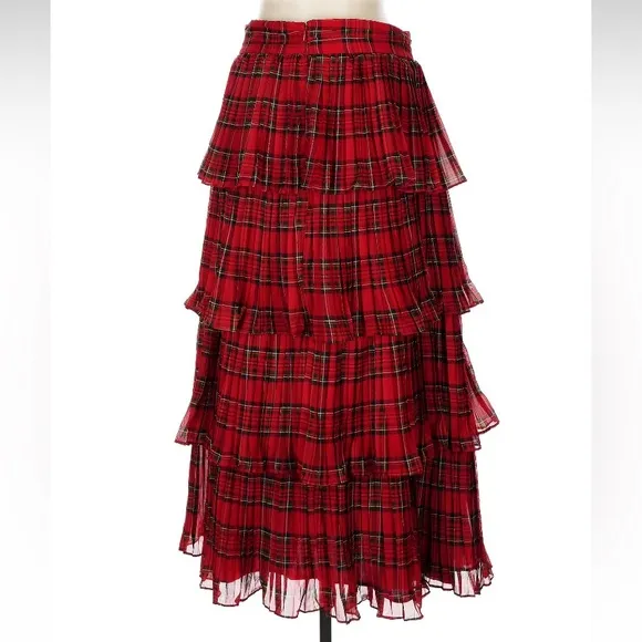 ANTONIO MELANI Katrina Red Plaid Tiered Ruffle Midi Maxi Skirt NWT