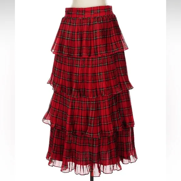 ANTONIO MELANI Katrina Red Plaid Tiered Ruffle Midi Maxi Skirt NWT