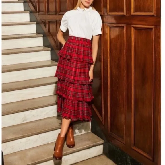 ANTONIO MELANI Katrina Red Plaid Tiered Ruffle Midi Maxi Skirt NWT