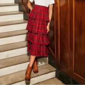 ANTONIO MELANI Katrina Red Plaid Tiered Ruffle Midi Maxi Skirt NWT
