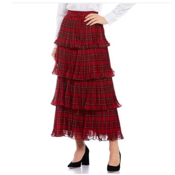ANTONIO MELANI Katrina Red Plaid Tiered Ruffle Midi Maxi Skirt NWT