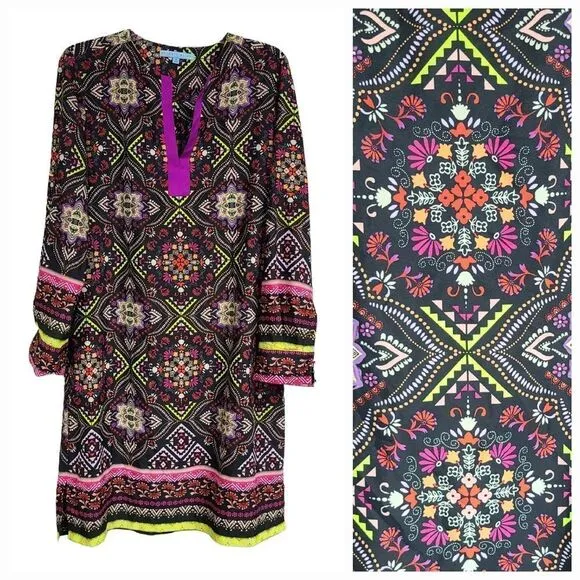 Antonio Melani Exotic Escape Lonen Dress Knee Length Shift Long Roll-Tab Sleeves