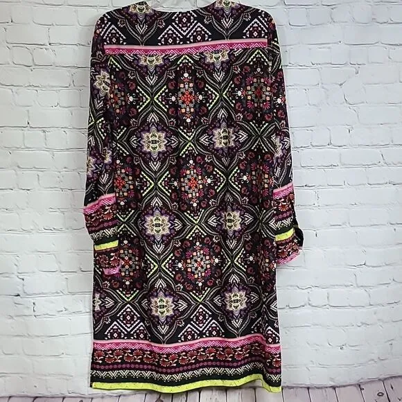 Antonio Melani Exotic Escape Lonen Dress Knee Length Shift Long Roll-Tab Sleeves