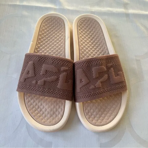 APL big logo Techloom crème pink rose dust knit sport slide sandal Size 10 NWOT