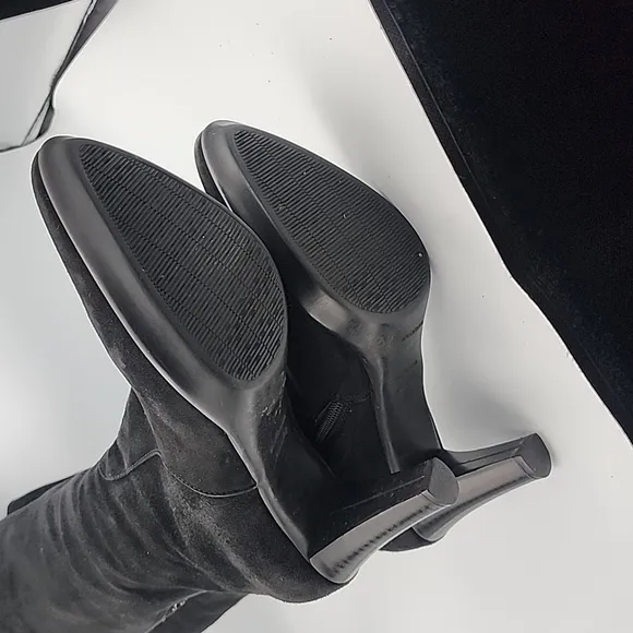 AQUATALIA Black Suede Waterproof Tall Boots with High Stacked Heel &amp; Stud Detail