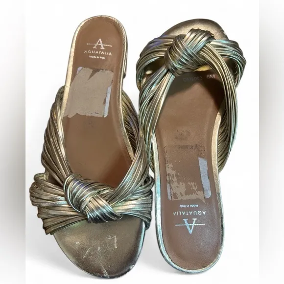 Aquatalia Tristina Gold Slip‎ On Knotted Leather Made In Italy Sandal Women 8