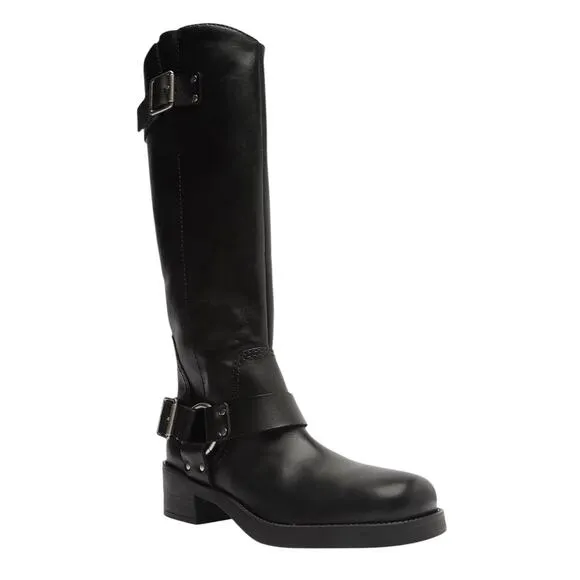 Arezzo Women's Clara Leather Knee High Moto Boots Black Size 5