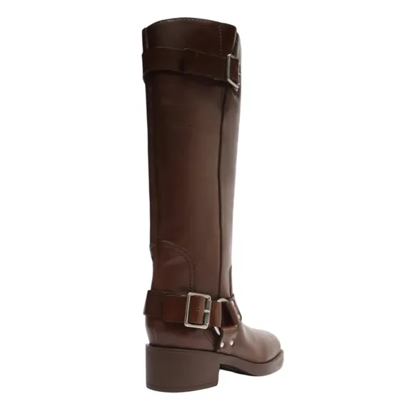 Arezzo Women's Clara Leather Knee High Moto Boots Brown Size 6 1/2