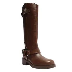 Arezzo Women's Clara Leather Knee High Moto Boots Brown Size 6 1/2