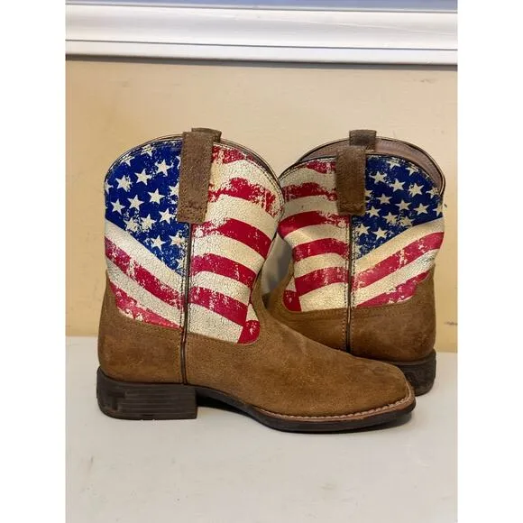 Ariat Kid’s Boots Western Cowboy American Flag Stars &amp; Stripes Leather Size 2