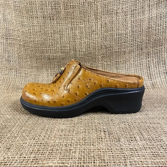 ARIAT Mules Brown Ostrich Leather Slip On Tassel Clogs Sz 6B