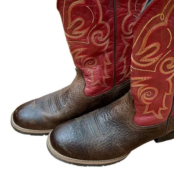 Ariat Red Shaft Gold Stitching Brown Leather Hybrid Roper Boots‎ — SZ 8.5  EUC