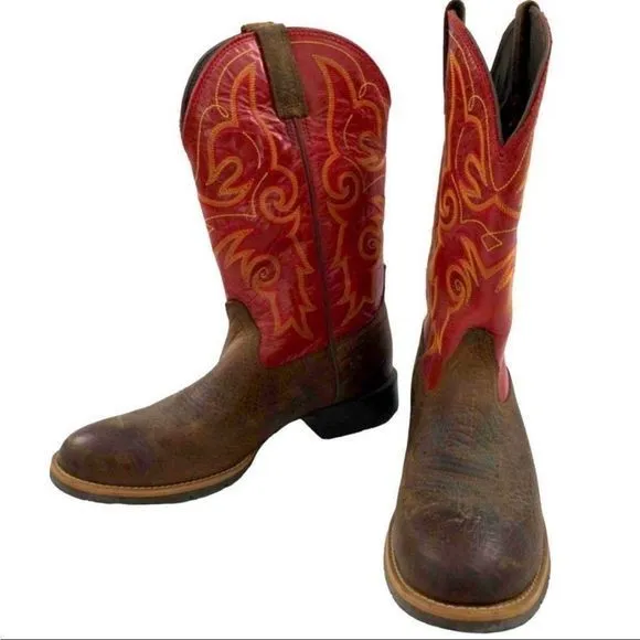 Ariat Red Shaft Gold Stitching Brown Leather Hybrid Roper Boots‎ — SZ 8.5  EUC
