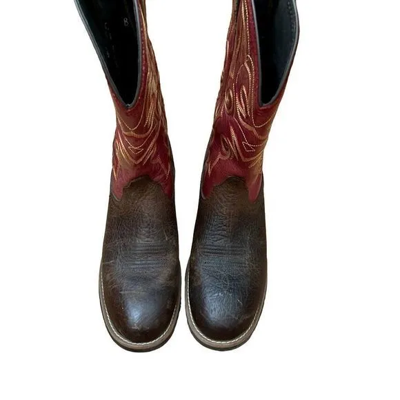 Ariat Red Shaft Gold Stitching Brown Leather Hybrid Roper Boots‎ — SZ 8.5  EUC