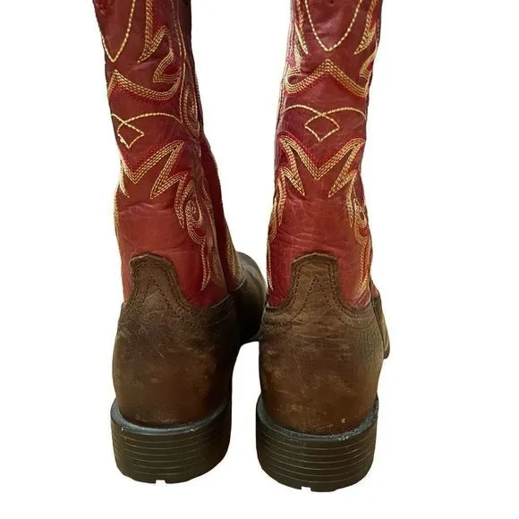 Ariat Red Shaft Gold Stitching Brown Leather Hybrid Roper Boots‎ — SZ 8.5  EUC