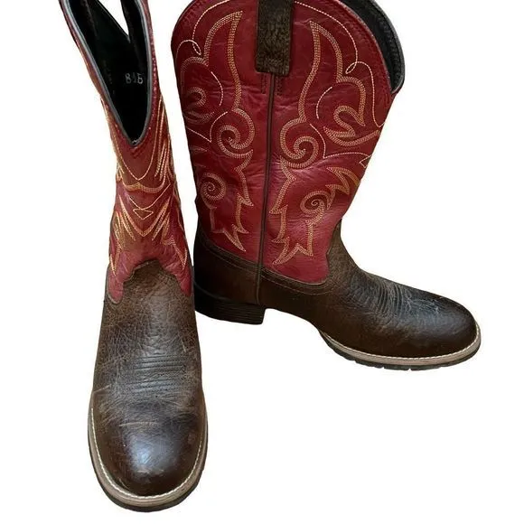 Ariat Red Shaft Gold Stitching Brown Leather Hybrid Roper Boots‎ — SZ 8.5  EUC