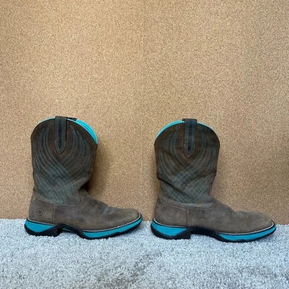 Ariat Womens Leather Boots Western Turquoise Stitch Square Toe Brown 8B