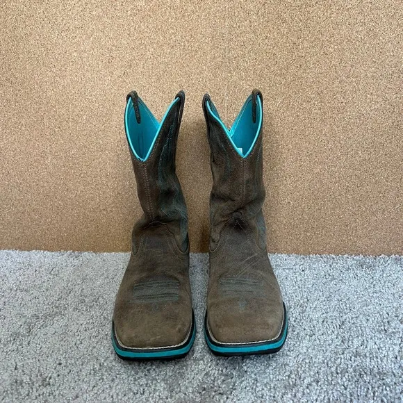 Ariat Womens Leather Boots Western Turquoise Stitch Square Toe Brown 8B